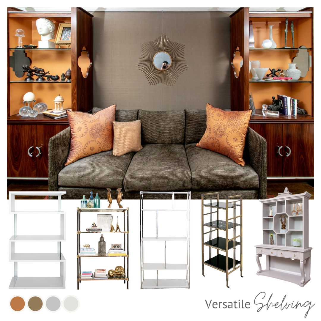 Shelving, credenzas, etageres are not only great places to store office essentials, they create opportunities for styling decorative accents and unique items of curiosity.